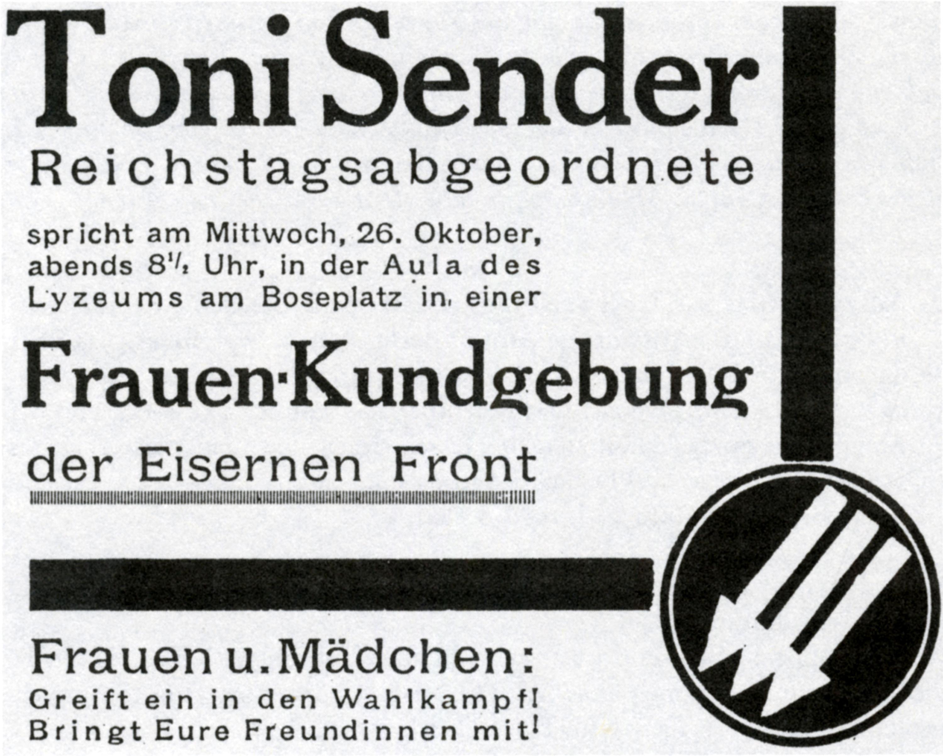 Ankündigung einer von Konrad Arndt geleiteten Veranstaltung zur bevorstehenden Reichstagswahl in der Aula der heutigen Elly-Heuss-Schule, „Volksstimme“, 25. Oktober 1932